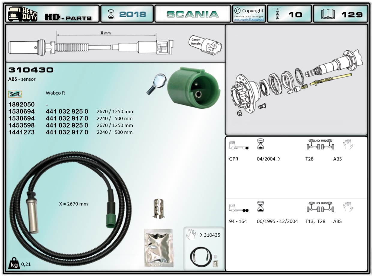 Датчик ABS SCANIA-4/P/R L=2670мм (прямой зад.моста) - HD Parts/310430
