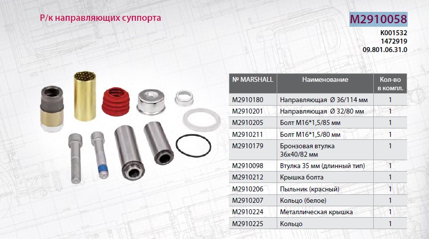 Р/к суппорта KNORR SN6/7 (направляющие + уплотн. + болты) - MARSHALL/M2910058