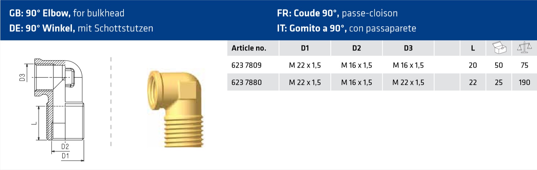 Переходник угл. М16х1,5 внут./М22х1,5 нар., угол=90°, L=22мм - RAUFOSS/6237809