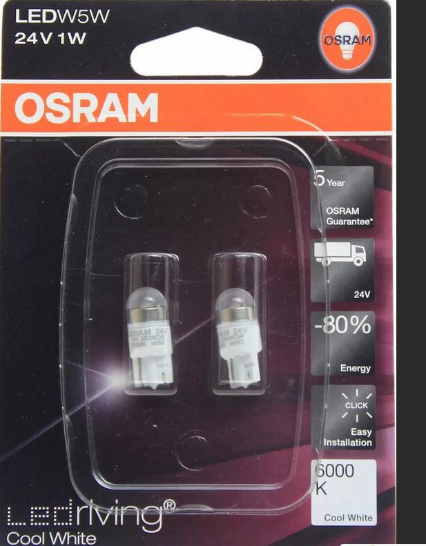 Лампа LED 24V 5W W2,1X9,5d 6000K комплект 2шт - OSRAM/2824CW02B