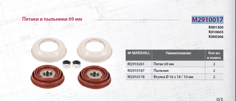 Р/к суппорта KNORR SN6/7 (упоры+пыльники) D=69мм с буртом - MARSHALL/M2910017