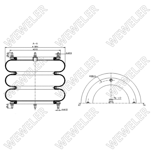 Пневморессора 16"х3, 3B-400 HYD, 4хM10, резьба - 1/2" - WEWELER/YPD14530-F