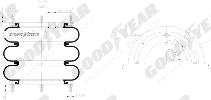 Пневморессора 12"х3 TRAILOR/SMB, 4хM10, M16х1,5 сильфон тройной - GOODYEAR/SPRINGRIDE/3B12-2455