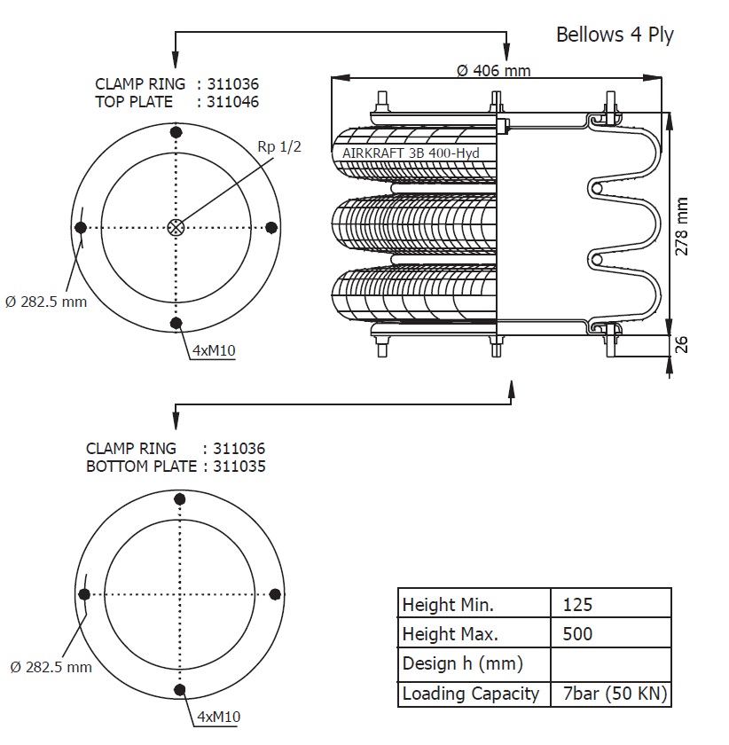 Пневморессора 16"х3, 3B-400 HYD, 4хM10, резьба - 1/2" - AIRKRAFT/115155