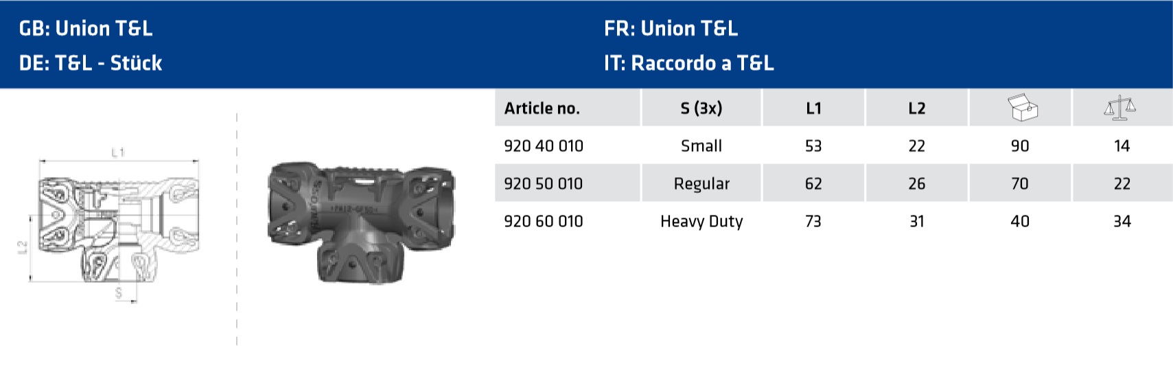 Фитинг T-образный, Heavy Duty/L1=73/L2=31, ABC Integral Push-in - RAUFOSS/92060010