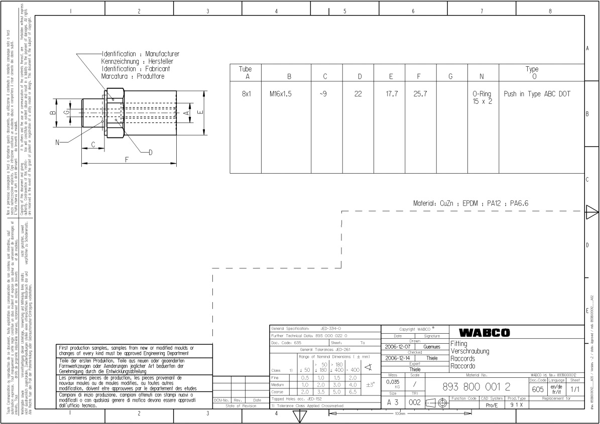 Соединитель 08/М16х1,5 нар. резьба (тип: New Line) - WABCO/8938000012