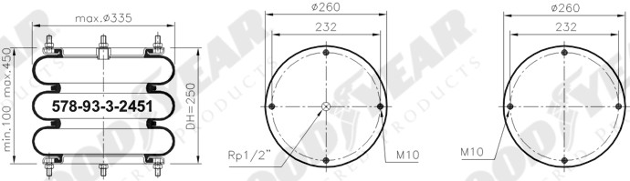 Пневморессора 12"х3 GIGANT, 4хM10, 1/2" сильфон тройной - GOODYEAR/SPRINGRIDE/3B12-2452