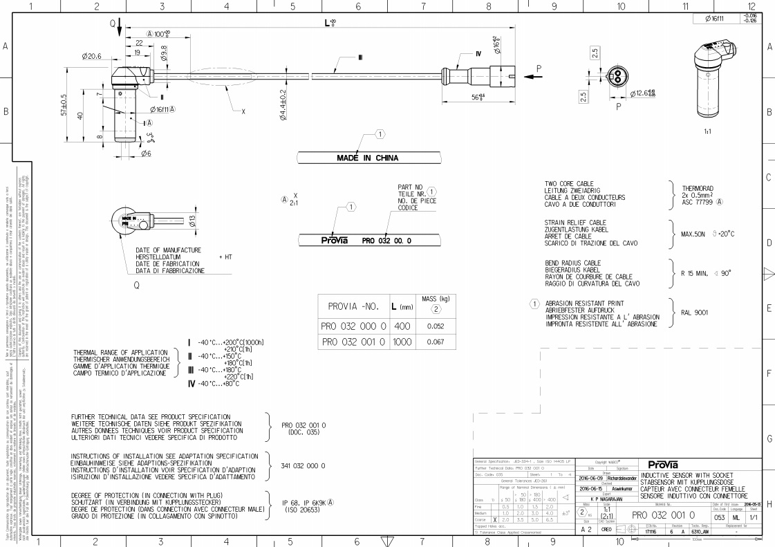 Датчик ABS L=1000 MB/BPW/DAF/SCHMITZ угловой, со втулкой - ProVia (brand Wabco)/PRO0320010