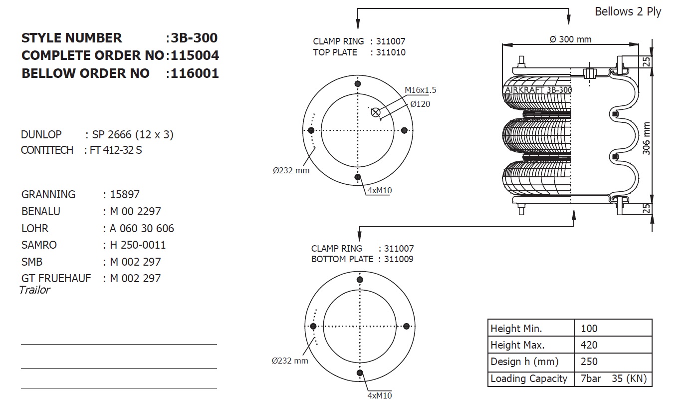 Пневморессора 12"х3 TRAILOR/SMB, 4хM10, M16х1,5 сильфон тройной - AIRKRAFT/115004/3B-300