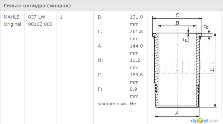 Гильза цилиндра VOLVO D13C/F/H EURO-5 - MAHLE/037LW00102001