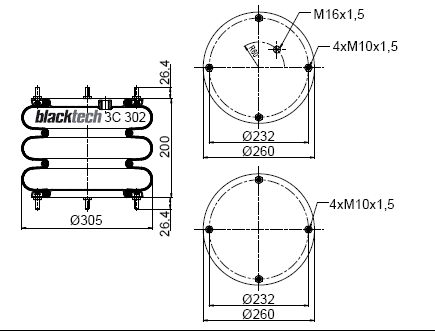 Пневморессора 12"х3 TRAILOR/SMB, 4хM10, M16х1,5 сильфон тройной - BLACKTECH/3C302200P03